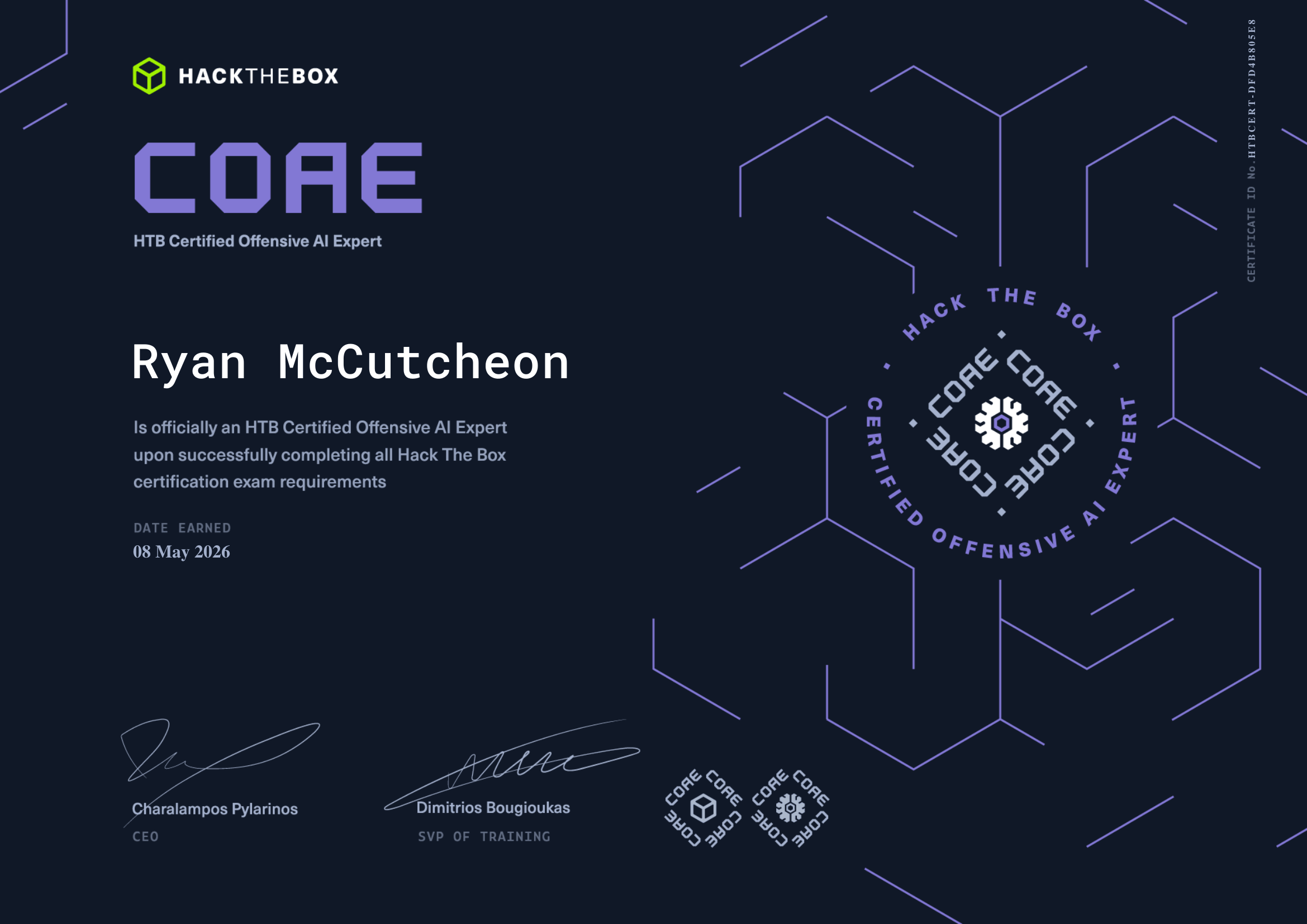 Ryan McCutcheon HTB Certified Offensive AI Expert certificate